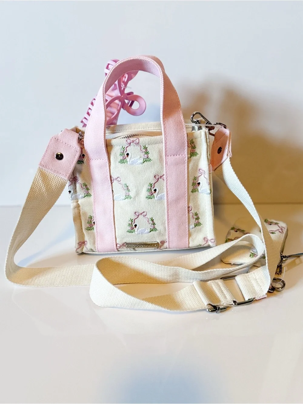 Madden Girl Vital Swan Embroidered Crossbody Mini Tote with Charms & Pouch
